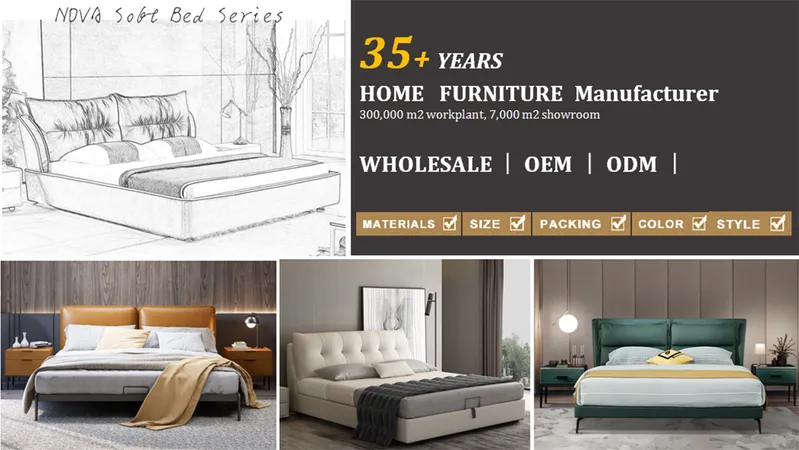 Contemporary European Design Bedroom Furniture Real Leather Upholstered Master Room Bed