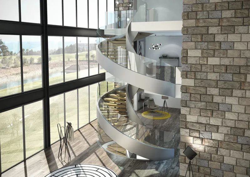 Modern Curved Stairs Glass Railing Design Solid Wood LED Stairs