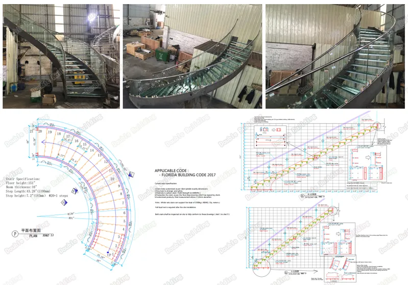 Modern Curved Stairs Glass Railing Design Solid Wood LED Stairs