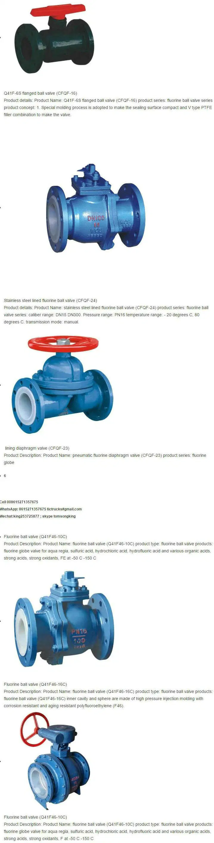 PTFE / F4 Lined Butterfly Valve (Ball Valves CS/F46, D371F4-16C, Pneumatic Q641F46-16C) for Chemical Acid Tank