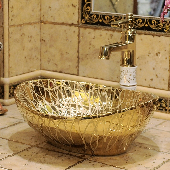 White and Golden Ceramics Bathroom Sink Wash Basin for Bathroom Cabinet Countertop