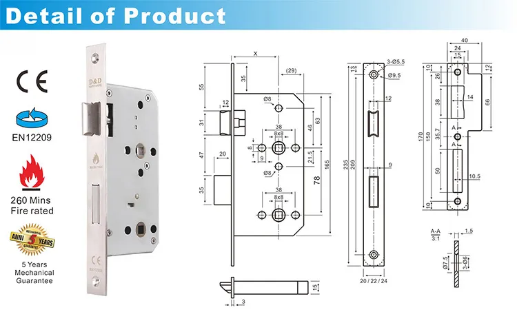 CE Euro SS304 Hardware Mortice Latch Lock for Bathroom and Toilet Door