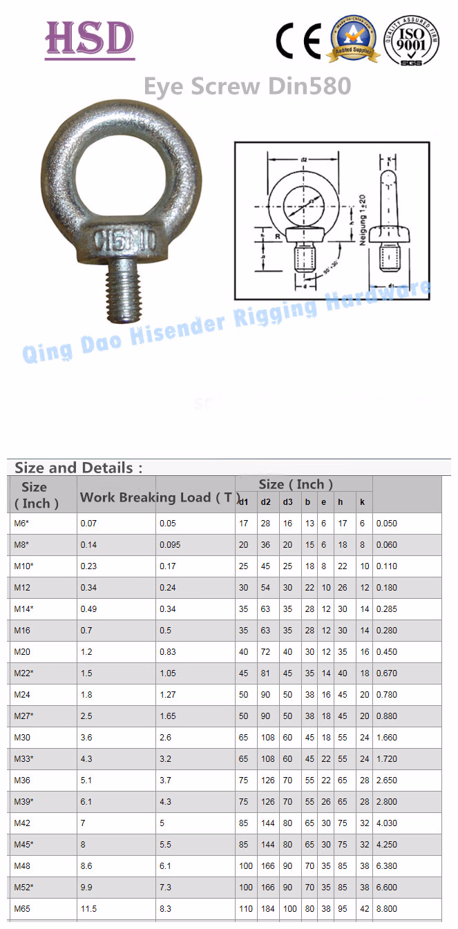 Zinc Plated DIN580 Eye Screw Bolt for Rigging Lifting