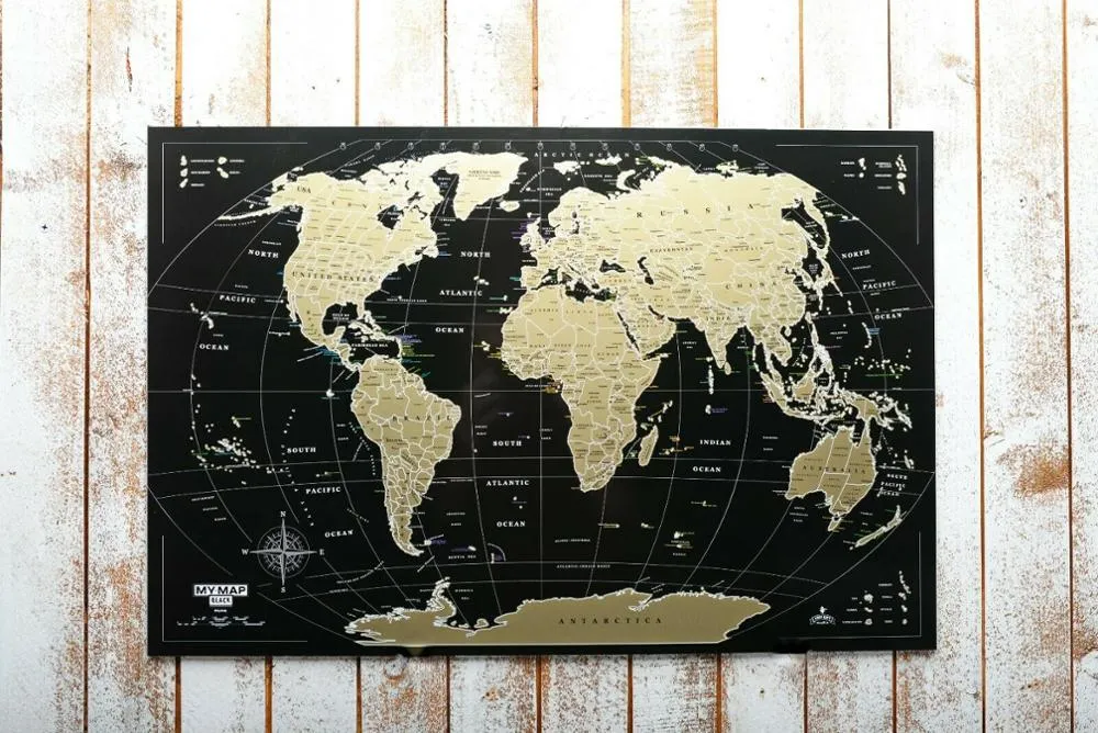 High Quality Scratch Map Deluxe 16X24 Scratch off World Map Push Pin Black Gold Travel Map