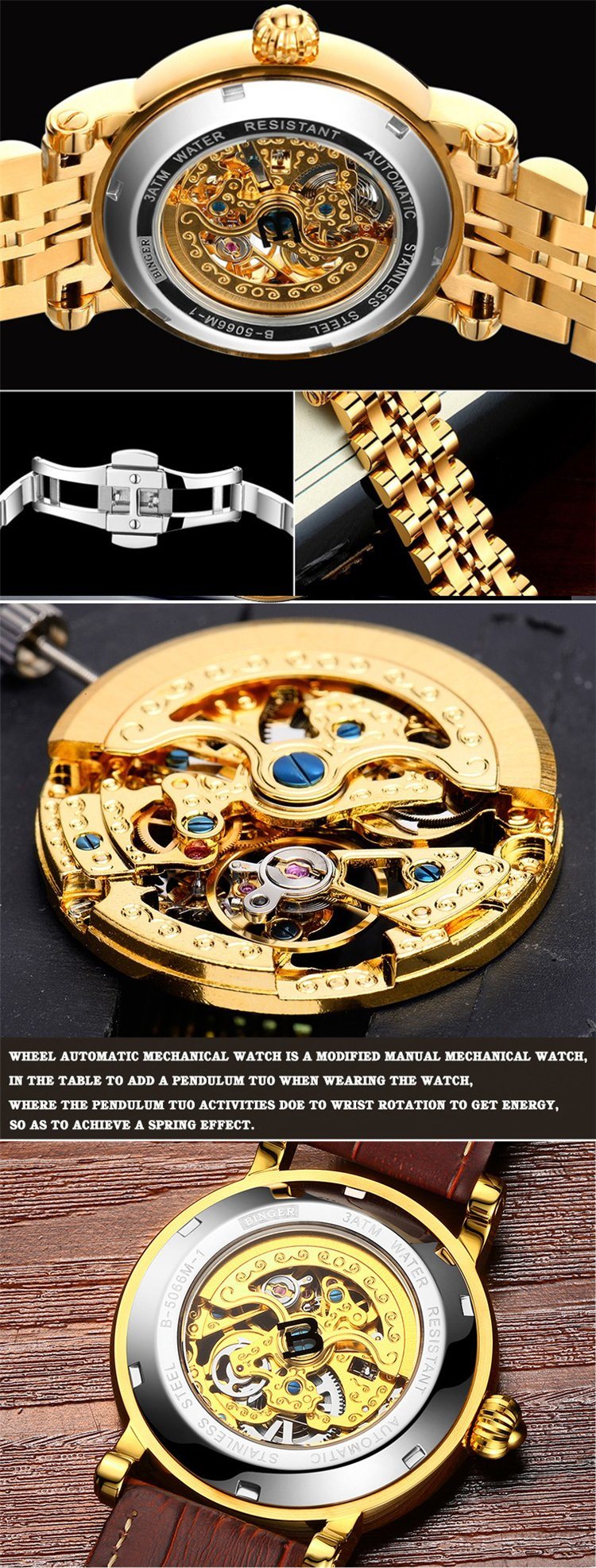 Binger 5066 Fashion Golden Stainless Steel Couple Mechanical Watch
