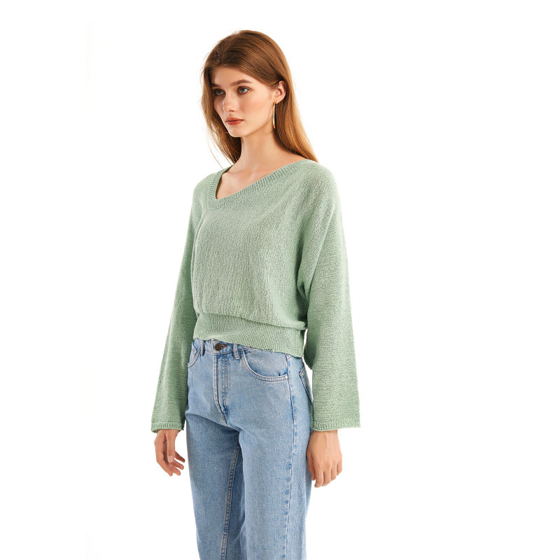 Slant Neck Pure Color Long Sleeve Women Fashion Sweater