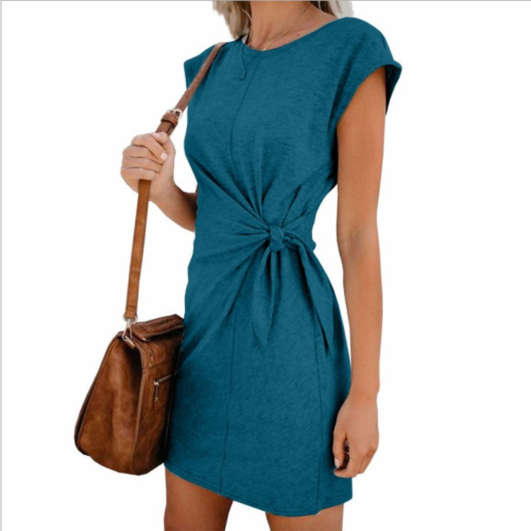 Fashion Women's Round Neck Band Loose Short Sleeve Dress in Stock