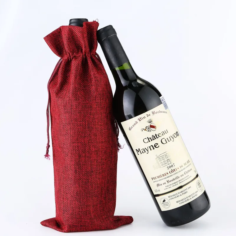 35X15cm Drawstring Jute Wine Bag for 750ml Red Wine Bottle