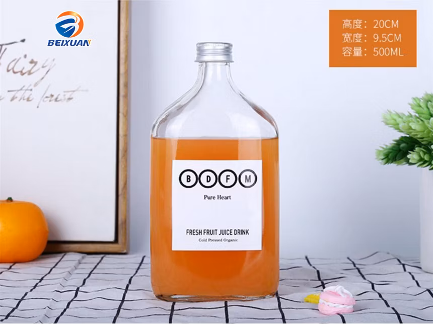 Food Grade 350ml 12oz Clear Flat Square Shape Glass Fruit Wine Liquor Bottle with Aluminum Cup