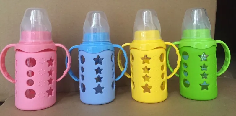 240ml Wide Mouth Glass Baby Bottle with Double Colors Handle