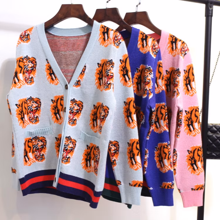 Fyb Custom Sweater Tiger Logo Jacquard Thick Warm Ladies Cardigan Sweaters