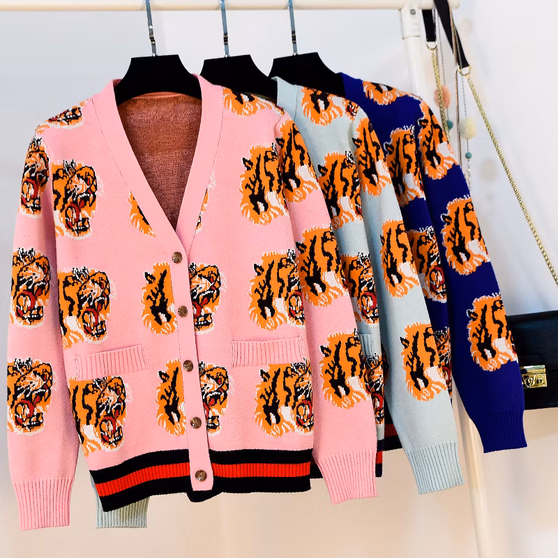 Fyb Custom Sweater Tiger Logo Jacquard Thick Warm Ladies Cardigan Sweaters