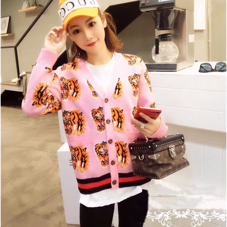 Fyb Custom Sweater Tiger Logo Jacquard Thick Warm Ladies Cardigan Sweaters