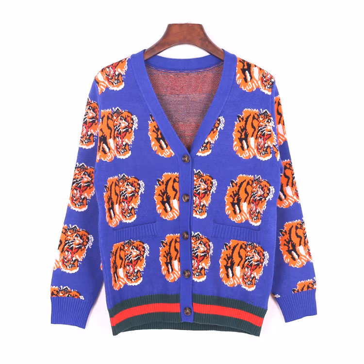 Fyb Custom Sweater Tiger Logo Jacquard Thick Warm Ladies Cardigan Sweaters