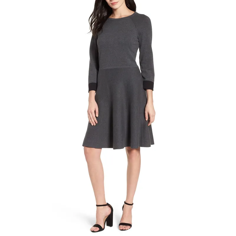 Ribbing Cuff Zipper Ladies Fit and Flare Sweater Dresses