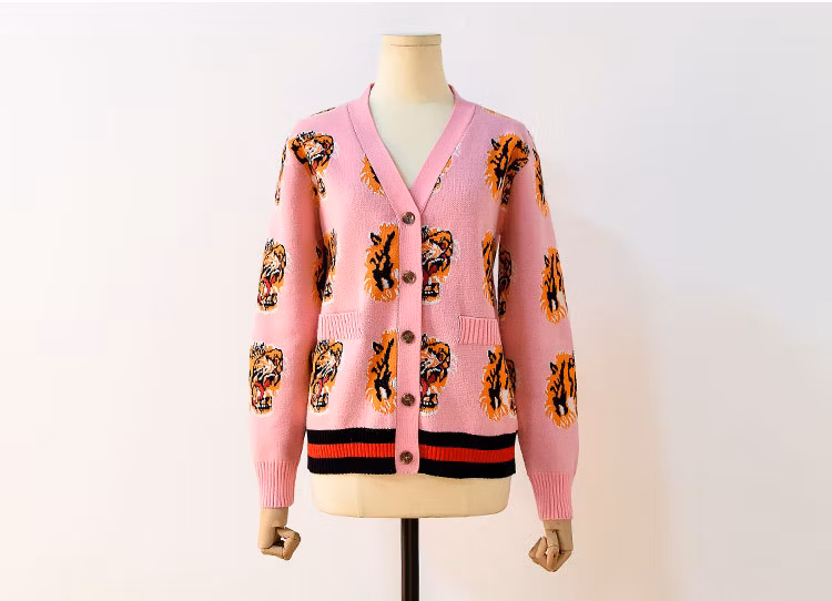 Fyb Custom Sweater Tiger Logo Jacquard Thick Warm Ladies Cardigan Sweaters