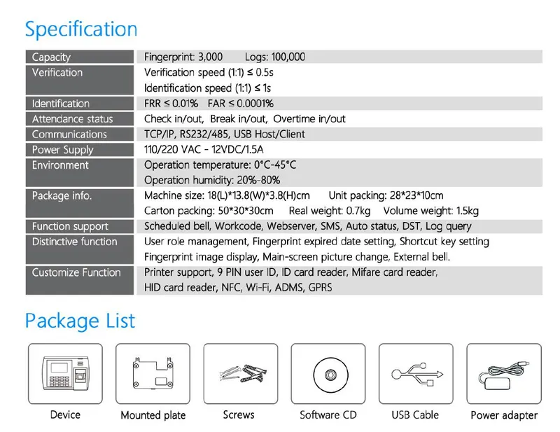 Fingerprint Time Recorder Biometric Fingerprint Time Attendance (5000T-C)