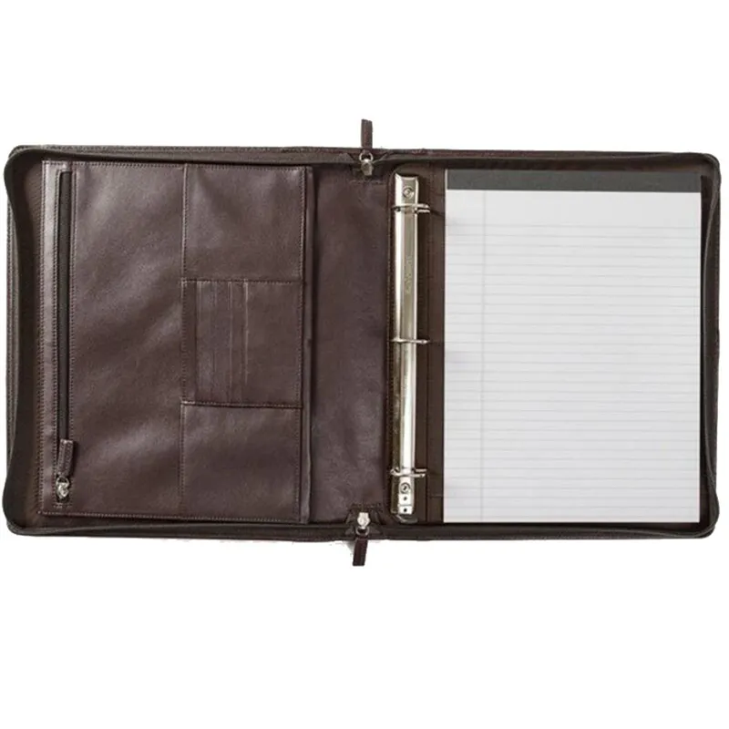 Ring Binder PU Leather Document Folder with Zipper Pocket