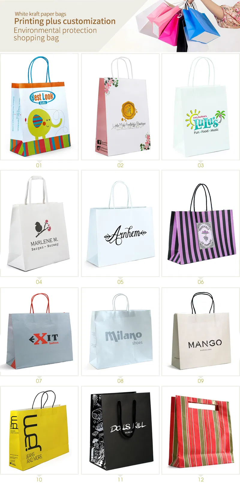 Customized Printing White Color Paper Bag with Flat String