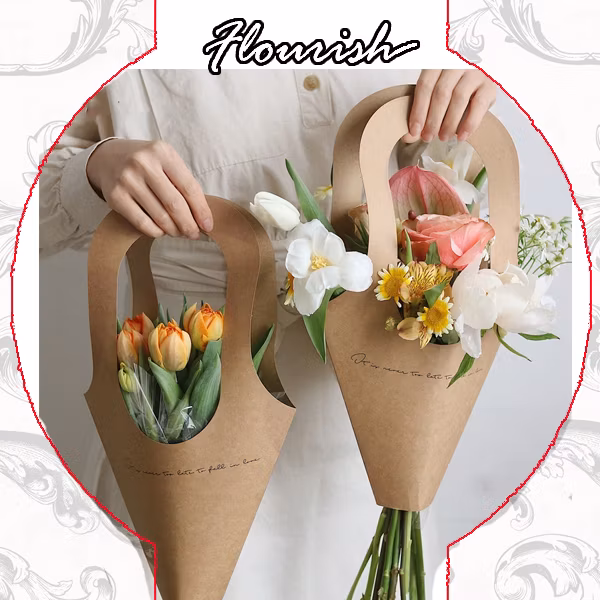 Custom Folding Kraft Paper Flower Gift Bags with Carrier and Handle