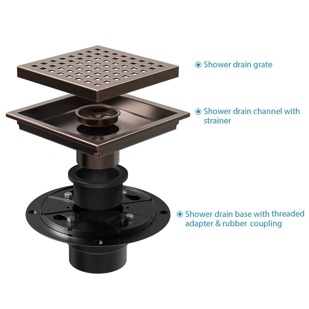 6 Inch Square Shower Floor Drain with Flange Quadrato Pattern Bronze Antique Copper