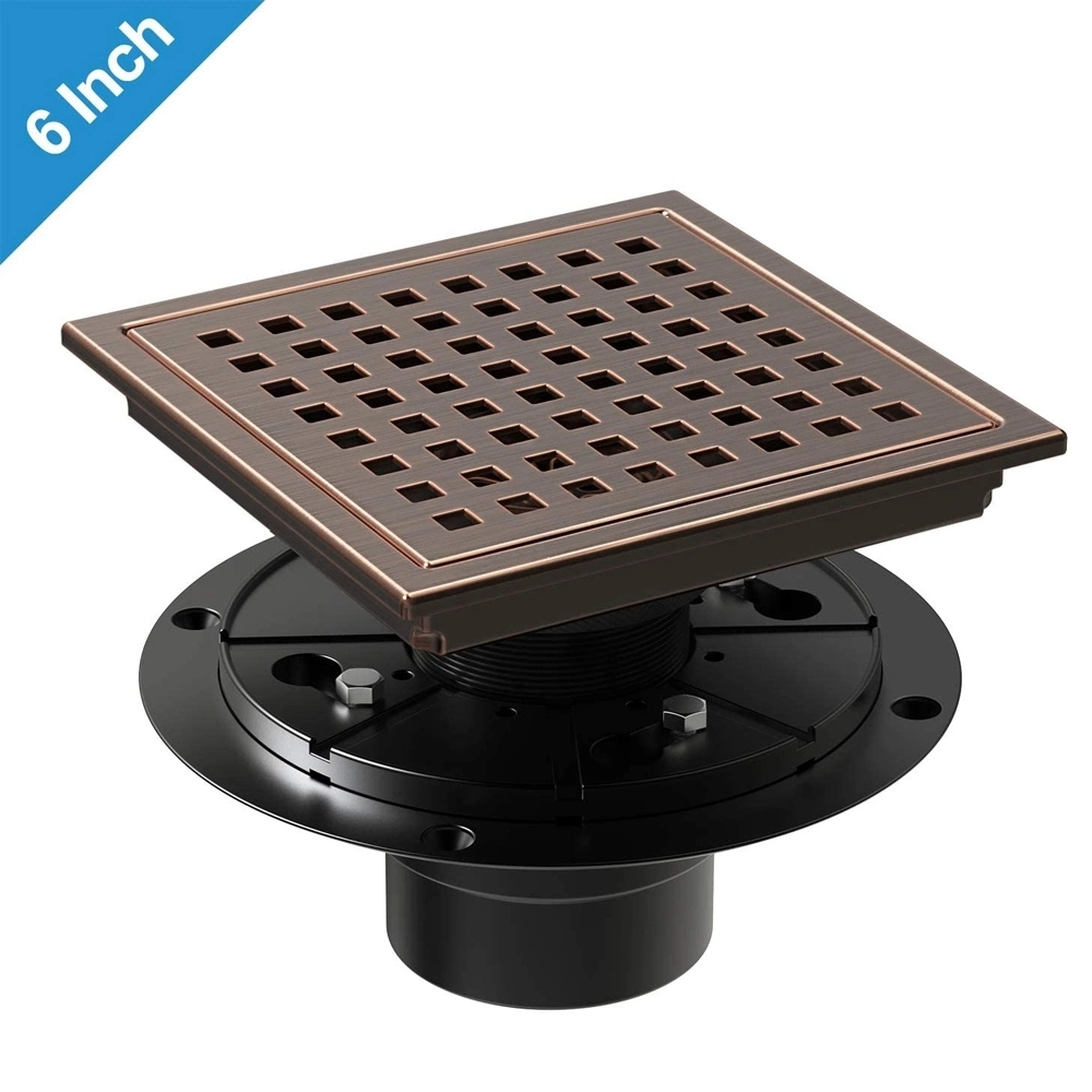 6 Inch Square Shower Floor Drain with Flange Quadrato Pattern Bronze Antique Copper