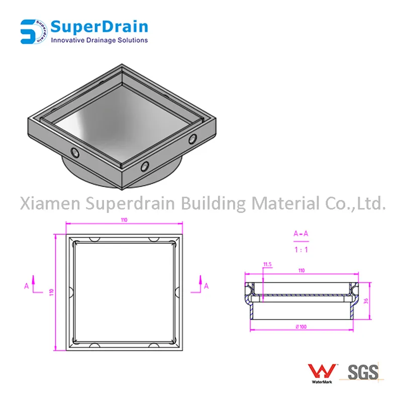 China Satin Finish SUS 304 Rectangular Hidden Floor Drain