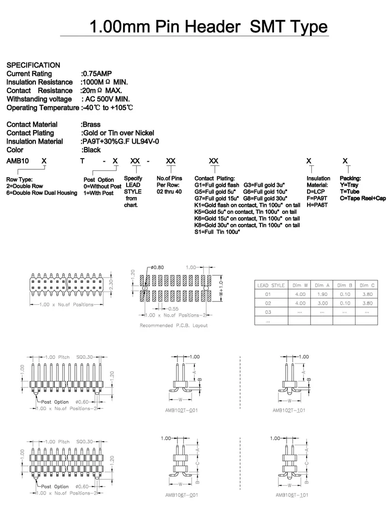 1.00mm Picth Pin Header SMT Type T Series Double Row 16 Pins Without Post