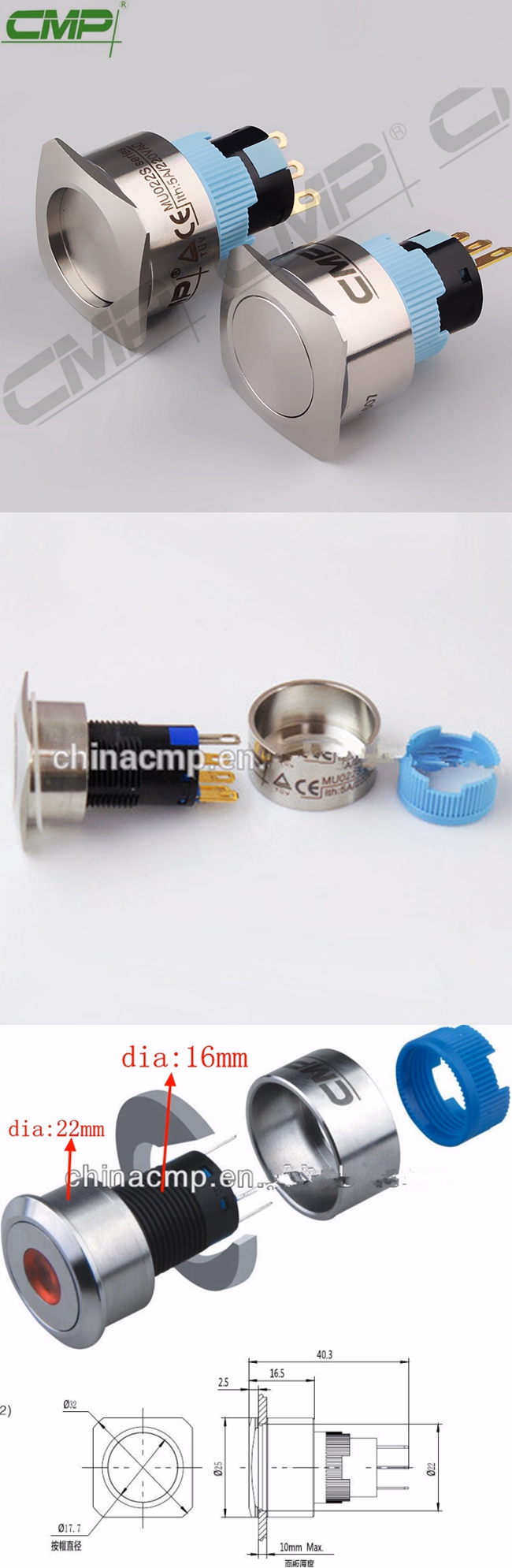 CMP Mu022 No Nc Metal Latching Square Push Button Switch