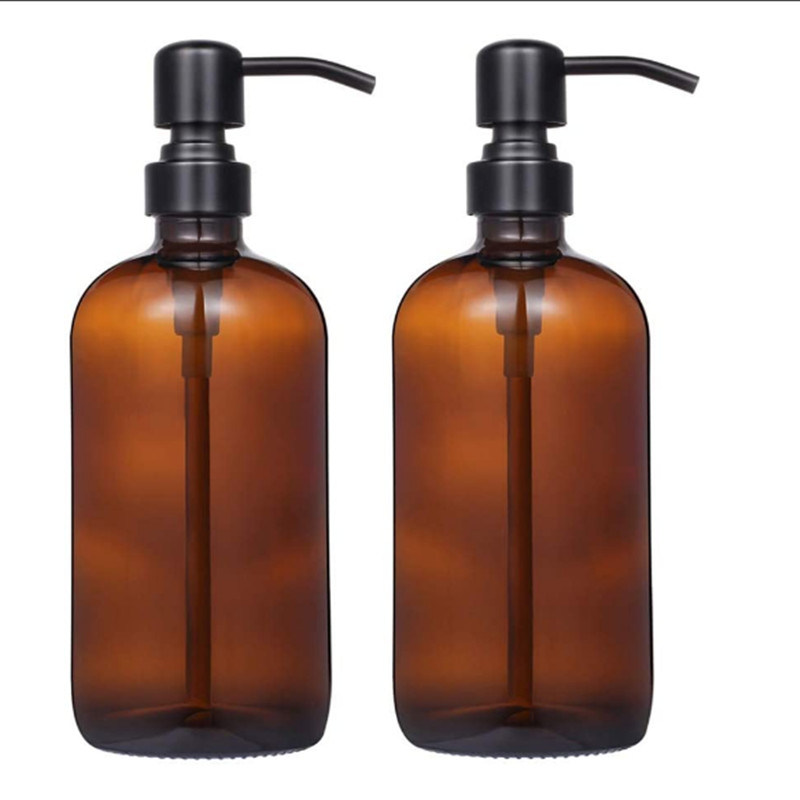 Thick Amber Glass Pint Jar Soap Dispenser with Matte Black Stainless Steel Pump