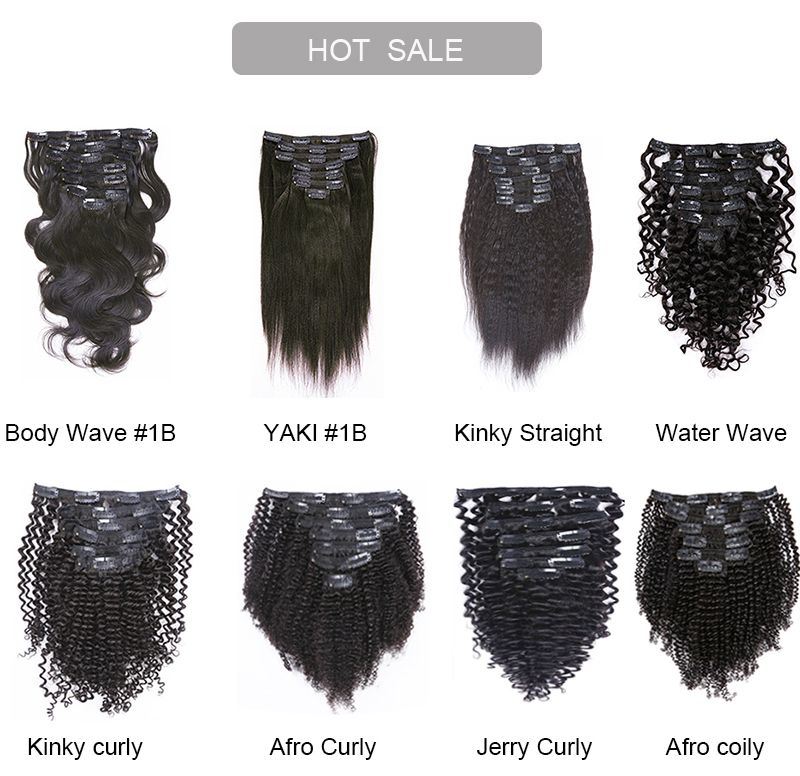 #1b Black Color Clip Hair Extensions Wholesale Remy Virgin Brazilian One Donor 100% Human Hair
