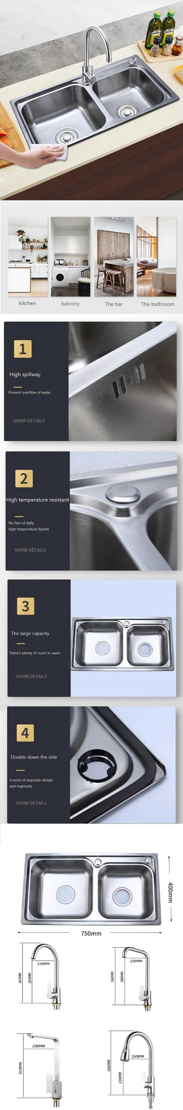 304 Stainless Steel Double Bowl Sinks with Drain Board Handmade Kitchen Sinks