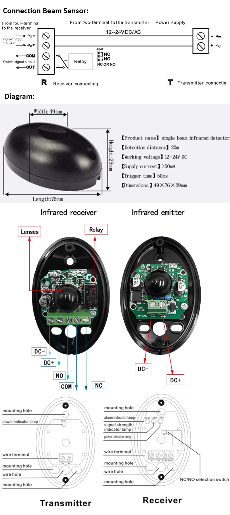 Active IR Single Infrared Beam Sensor for Automatic Sliding Door Gate