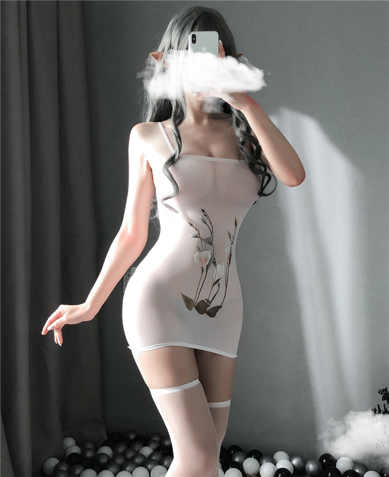 White Translucent Sexy Lingerie with White Translucent Sexy Stockings Calf Socks
