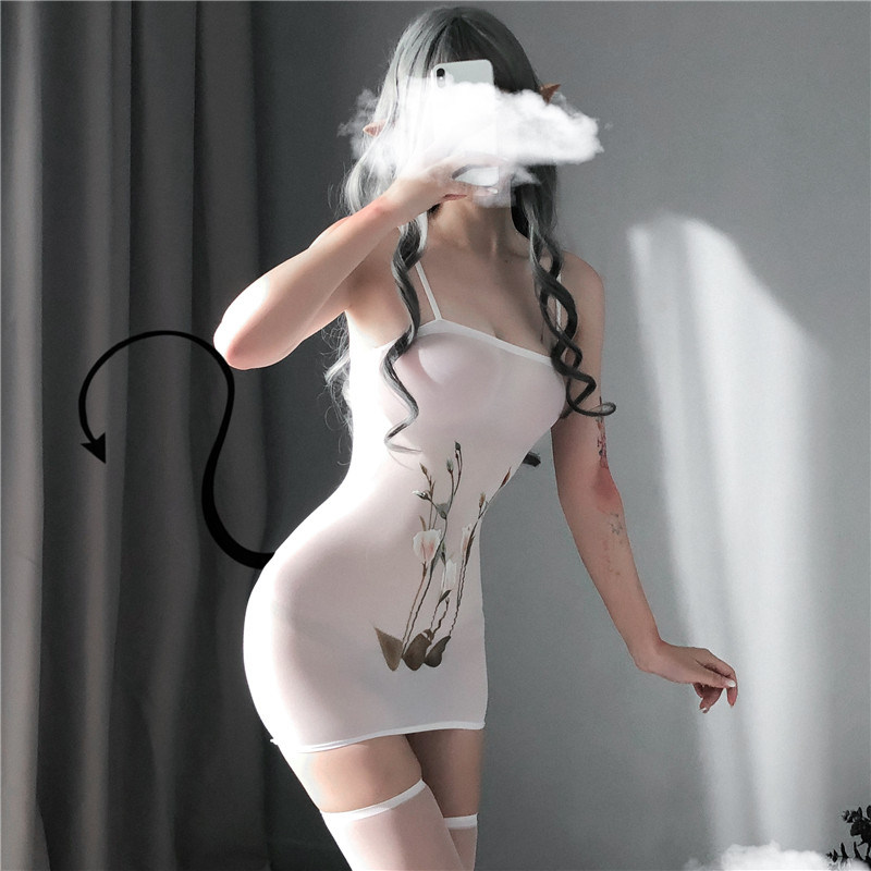 White Translucent Sexy Lingerie with White Translucent Sexy Stockings Calf Socks