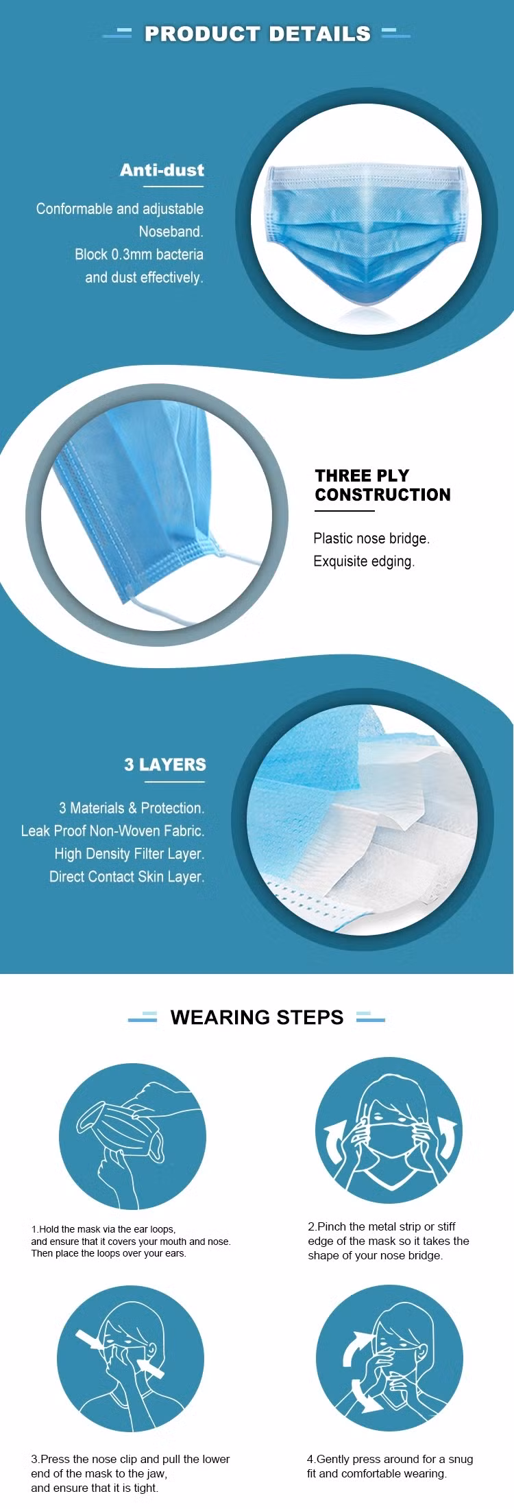 Disposable 3-Ply Non-Woven Medical Protective Face Mask Made in China