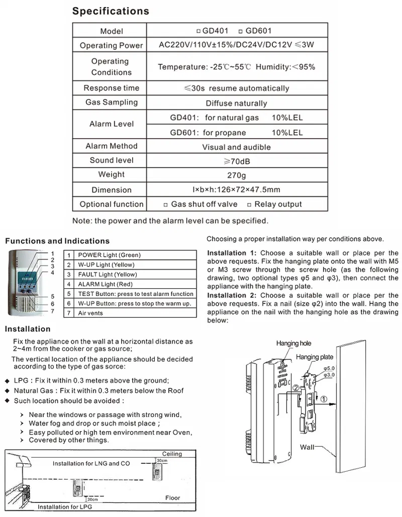 AC-Operated C3h8 LPG Gas Alarm with Gas Shut-off Valve (GD)