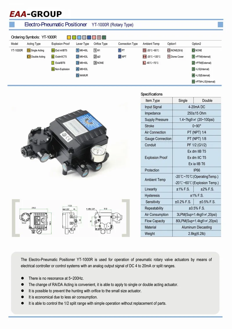 Rotary Type Electro Pneumatic Valve Positioner for Ball Valve