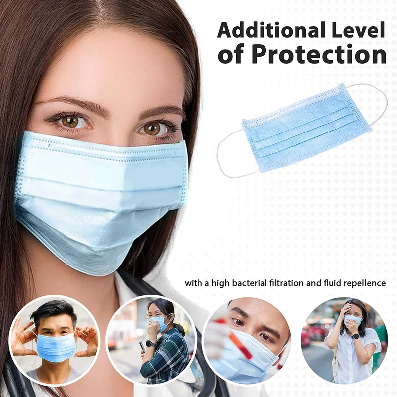 Disposable Face Protective Masks with 3ply Elastic Ear Loops Comfort