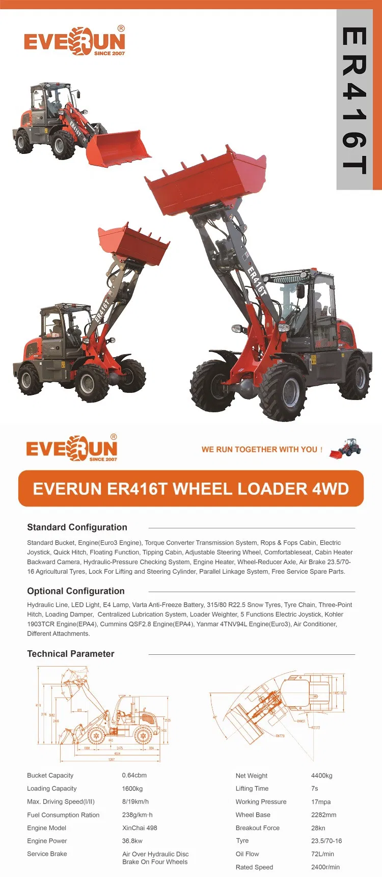 Everun Er416t 4WD Front End Loader with Oscillating Floating Structure