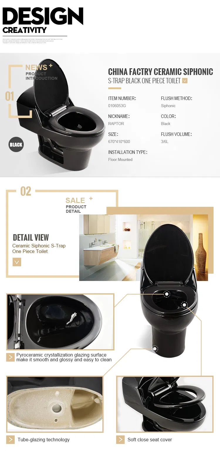 Chaozhou Factory Black Color S-Trap One Piece Toilet for Panama