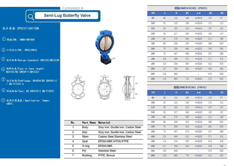 Pn16 DN200 EPDM Seat Di Semi-Lug Butterfly Valve