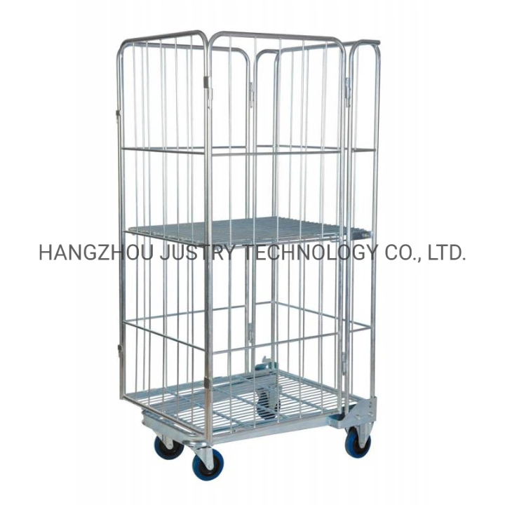 Shopping Steel Foldable Wire Mesh Pallet Nestable Roll Container with Middle Shelf