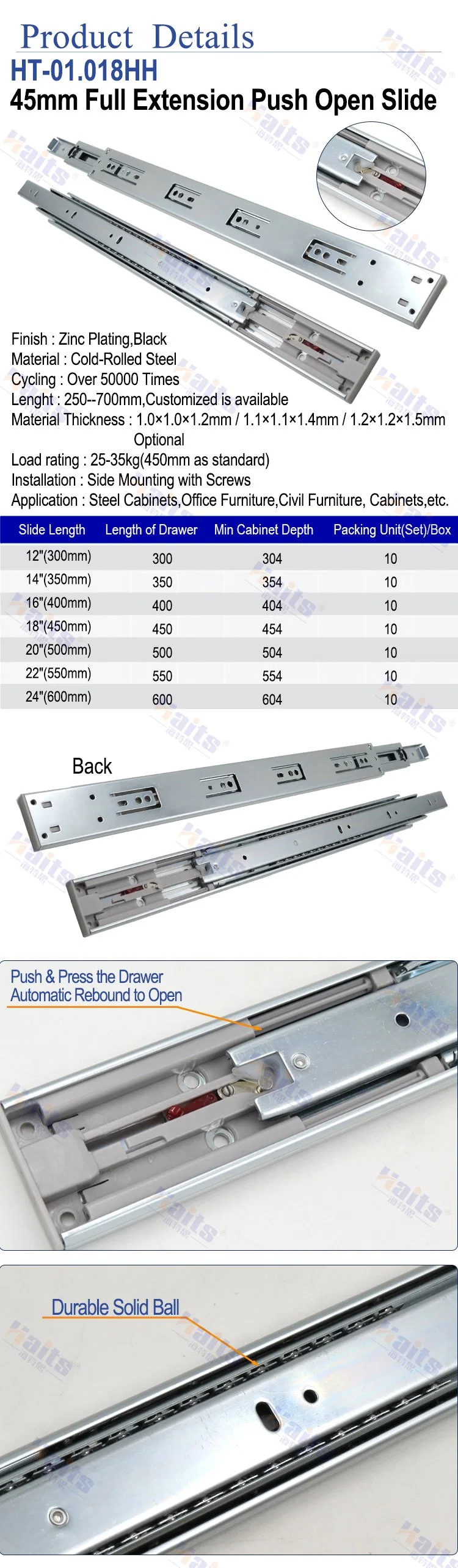 Triple Extension Drawer Slide Push to Open Drawer Slide