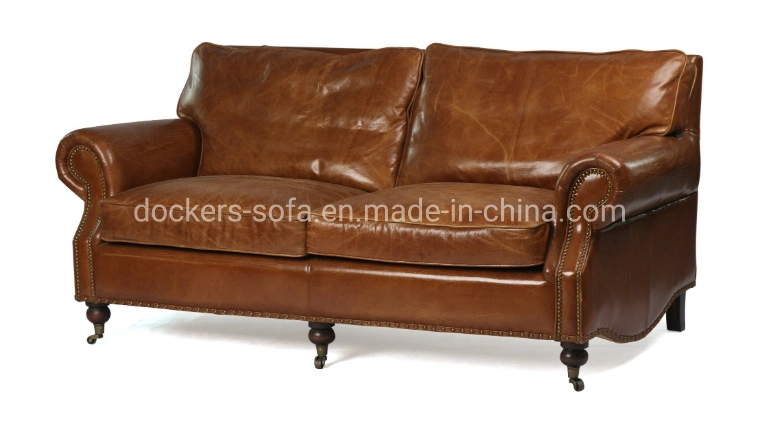 High End Living Room Classic Furniture Set Wood Frame Bed Vintage Genuine Leather Sofa
