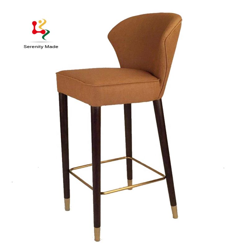 High-End Restaurant Furniture Blue Velvet Upholstered Wooden Legs High Bar Stool Chairs