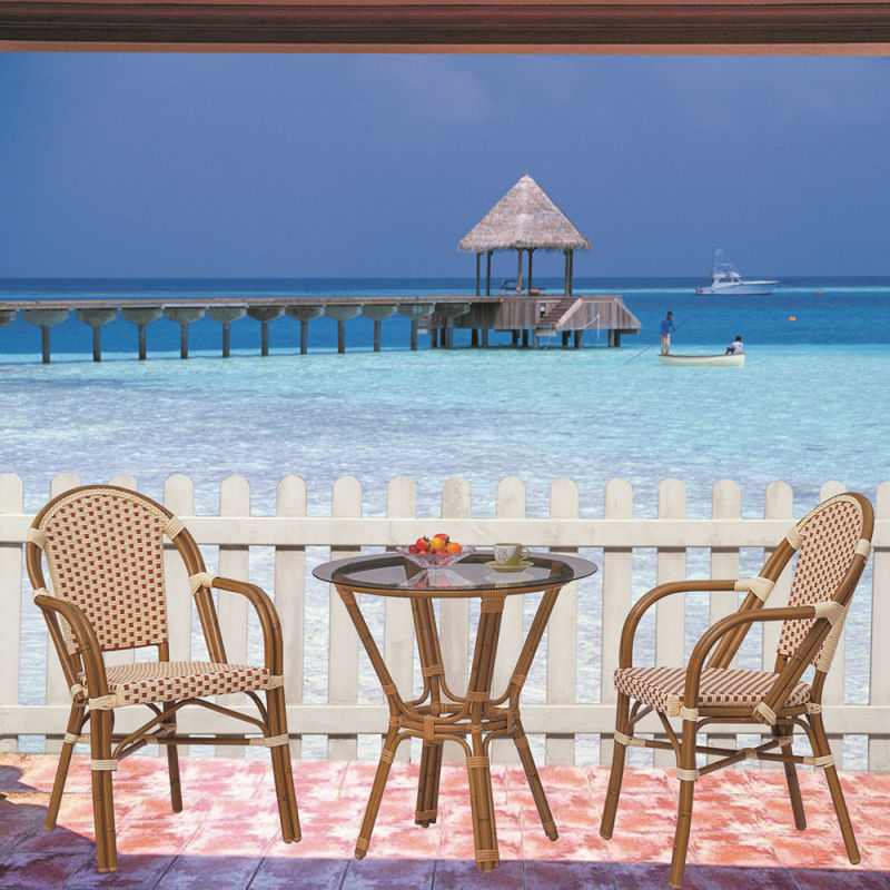 Red Color Bamboo Look Frame Rattan Outdoor Dining Set
