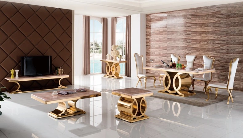 China Wholesale Luxury Golden Metal Base Home Furniture Set Marble Dining Room Table