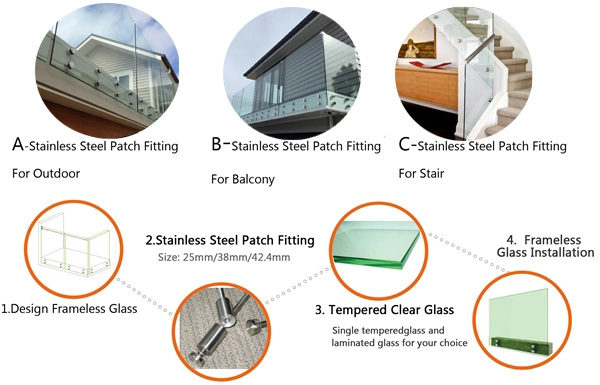 Outdoor Balcony Stainless Porch Frameless Glass Railing