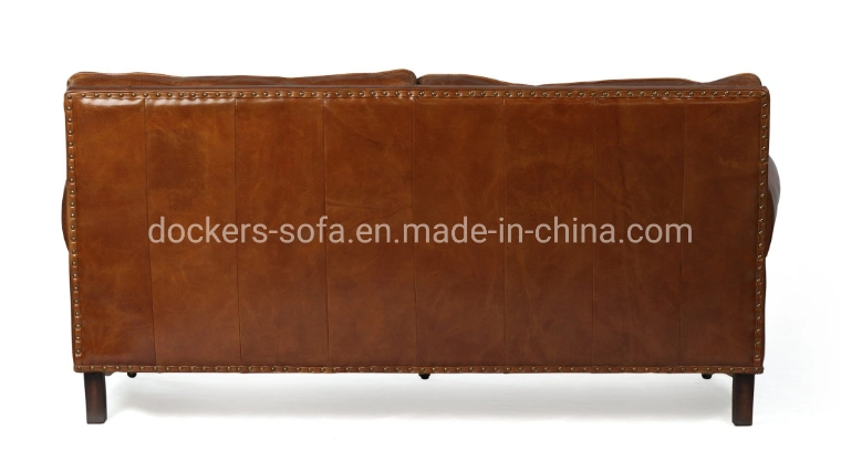 High End Living Room Classic Furniture Set Wood Frame Bed Vintage Genuine Leather Sofa